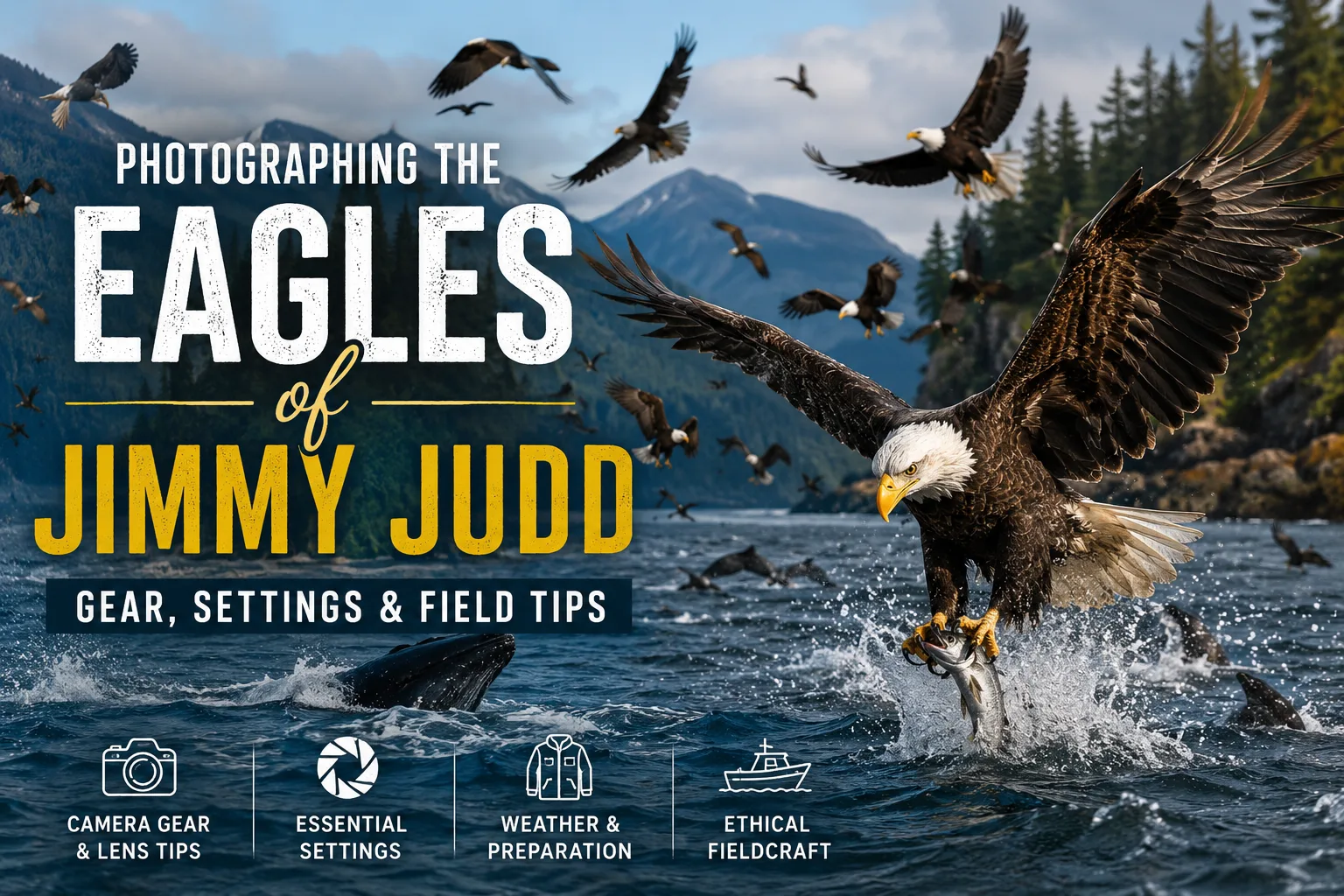 Bald eagle diving over water at Jimmy Judd Island near Campbell River British Columbia